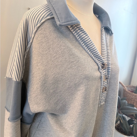 Blue and Gray Button-Up patchwork Pullover - Picture 3 of 5